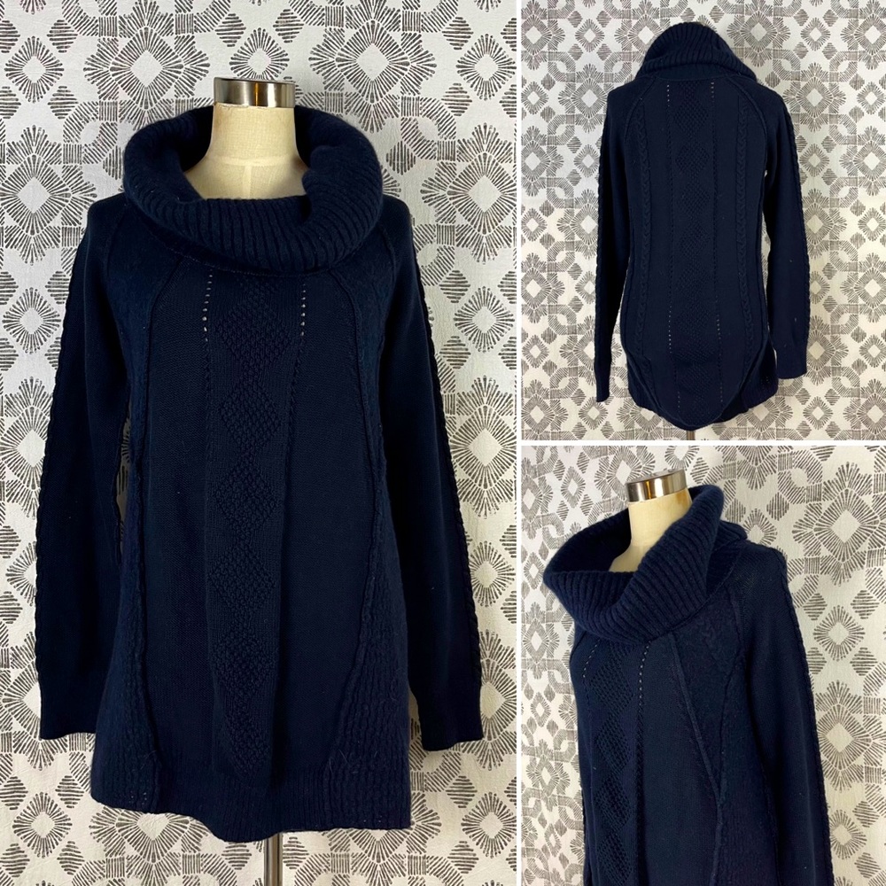 All Saints Wool Navy Cord Knit Turtleneck